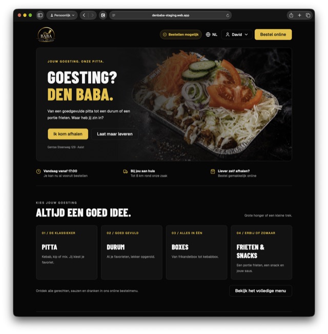 DenBaba-website met afhalen, leveren en menucategorieën