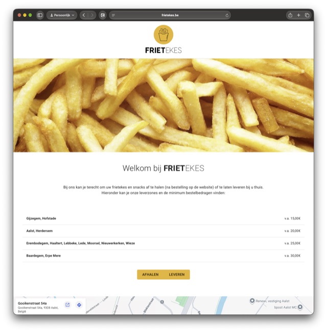 Frietekes-website met leverzones, minimale bestelbedragen en knoppen voor afhalen en leveren
