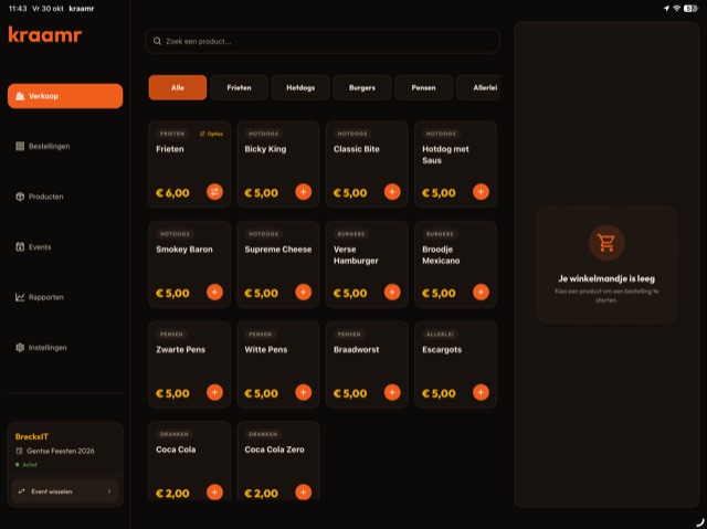 Kraamr-verkoopscherm met productcategorieën, producten met prijzen en een winkelmand voor de bestelling
